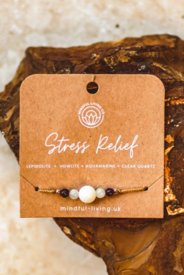 Stress Relief Beaded Bracelet with Lepidolite, Howlite, Aquamarine, Clear Quartz | Hand-Knotted Adjustable Fit | Boho Crystal Jewellery