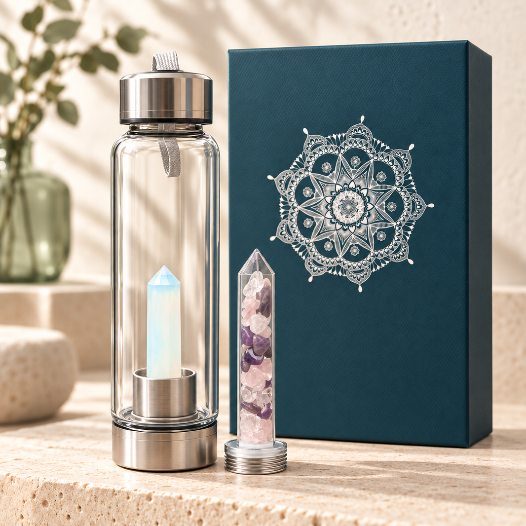 Love & Happiness Gemstone Crystal Water Bottle Gift Set