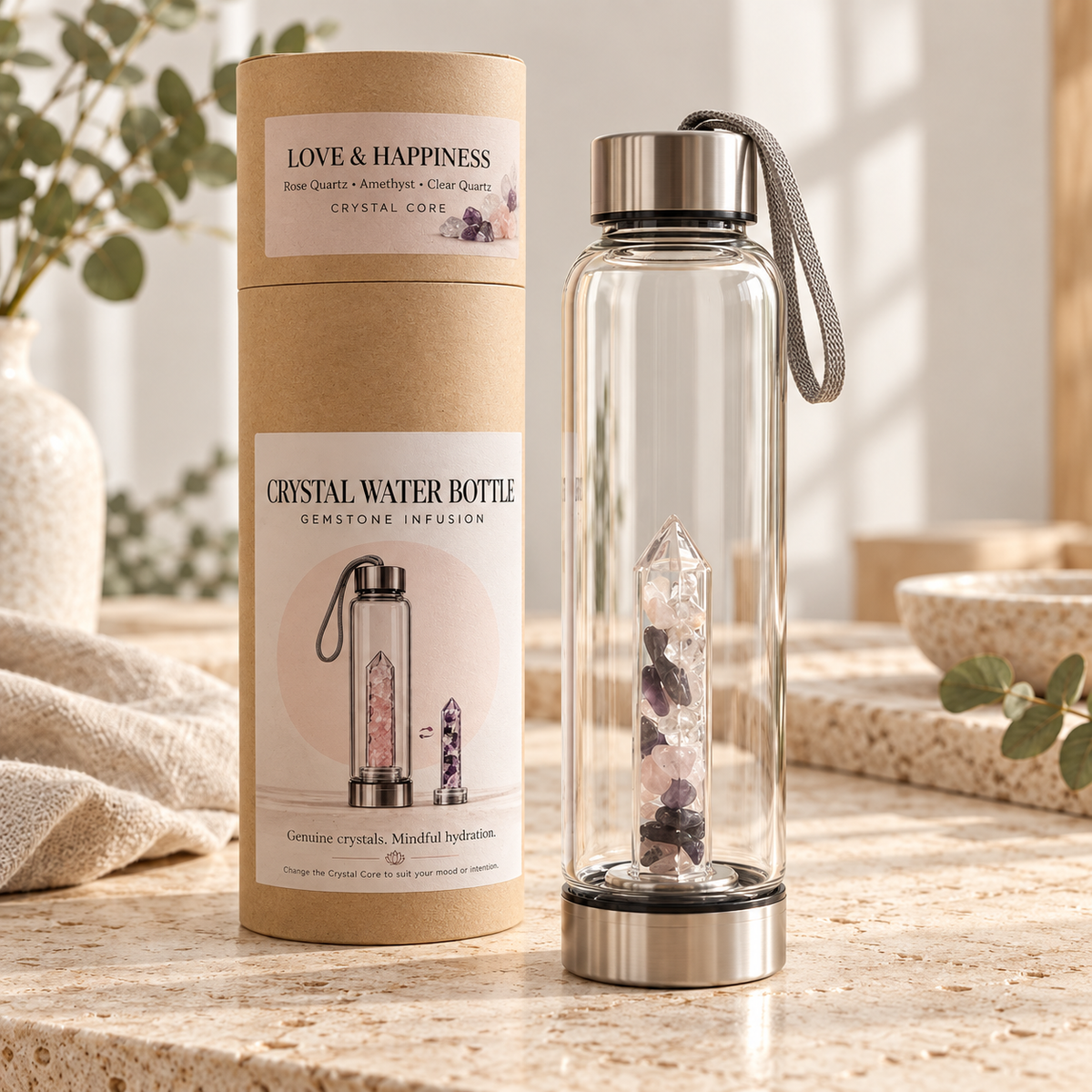 LOVE & HAPPINESS CRYSTAL GEMSTONE WATER BOTTLE – Mindful Living Co