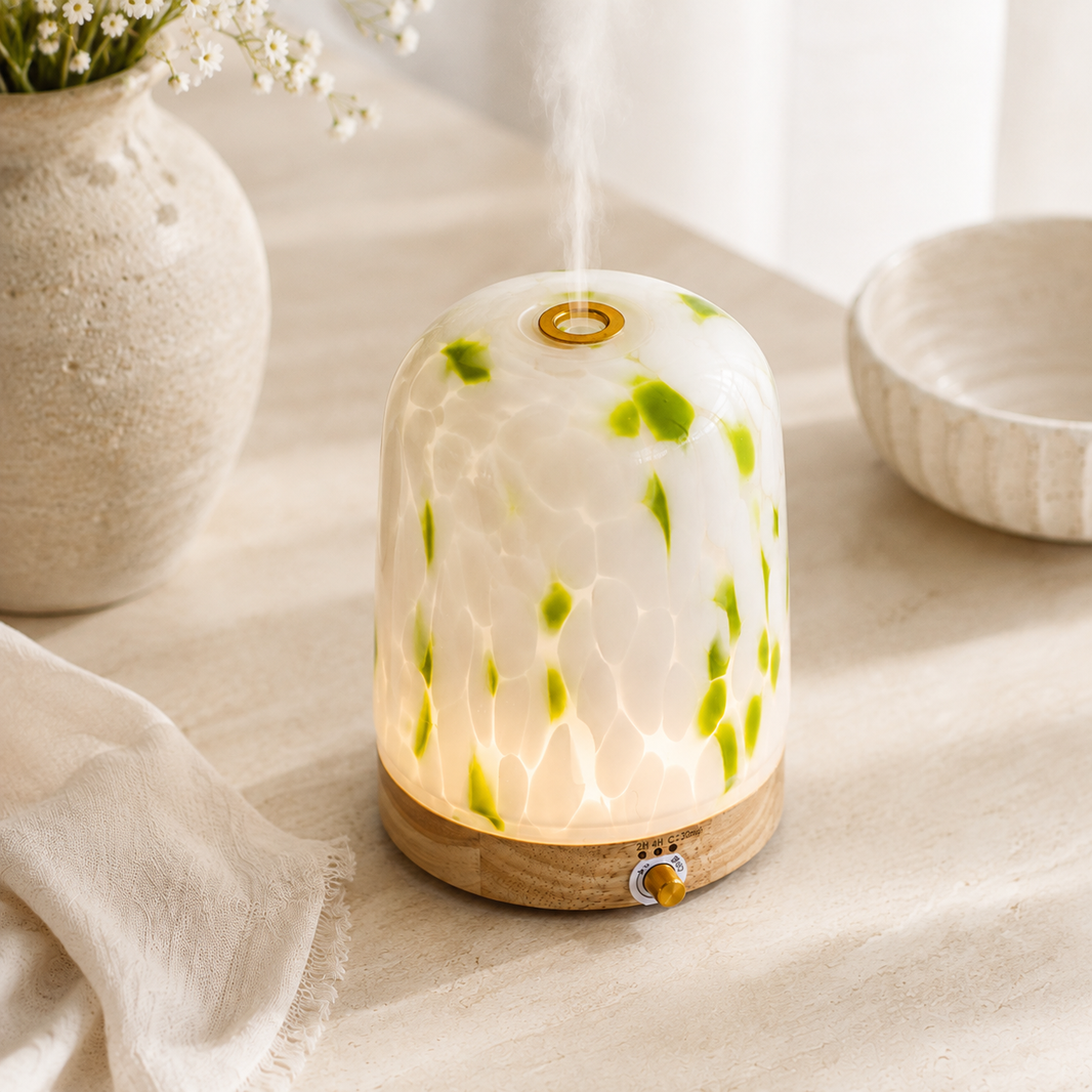 Matcha Glass & Bamboo Frgrance Diffuser – 400ml | Elegant Mist & Light Control
