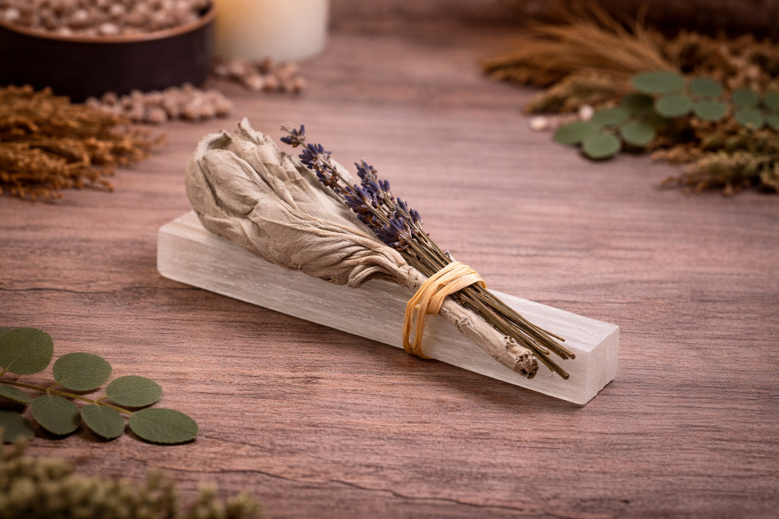 Mini Smudge Cluster, Lavender with Selenite Wand, 4"