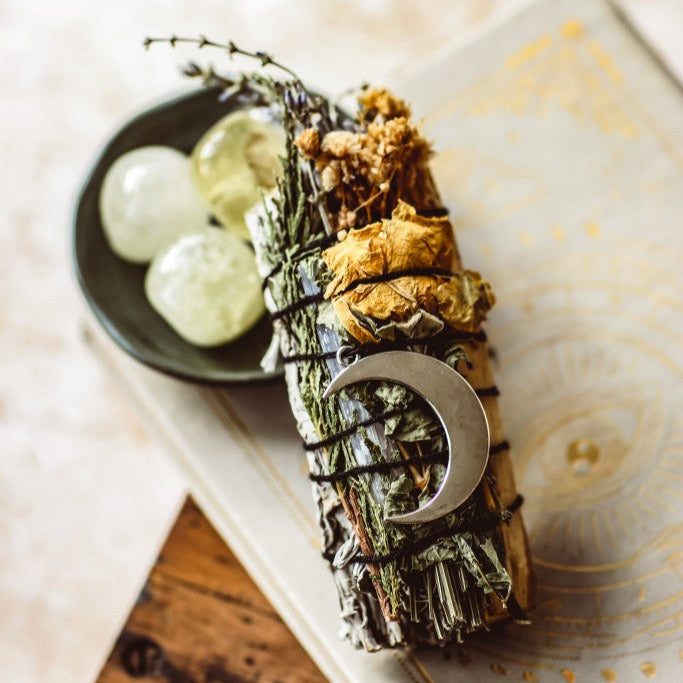 White Sage, Palo Santo, Selenite, Rose & Moon Charm