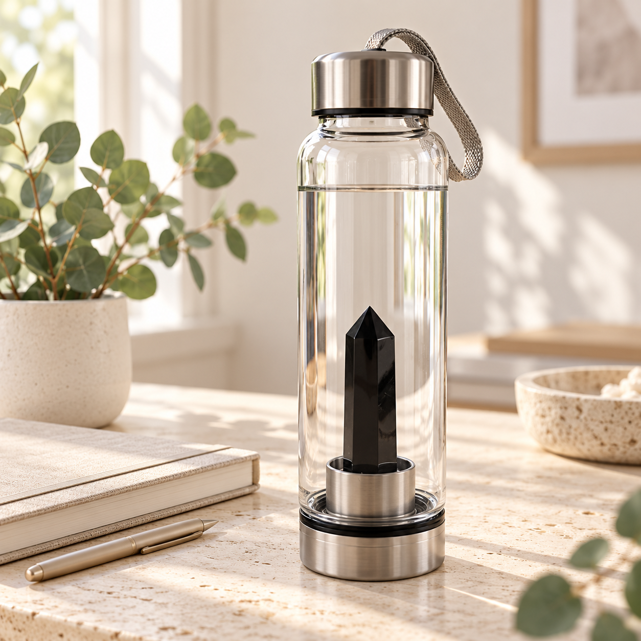 BLACK OBSIDIAN GEMSTONE CRYSTAL WATER BOTTLE